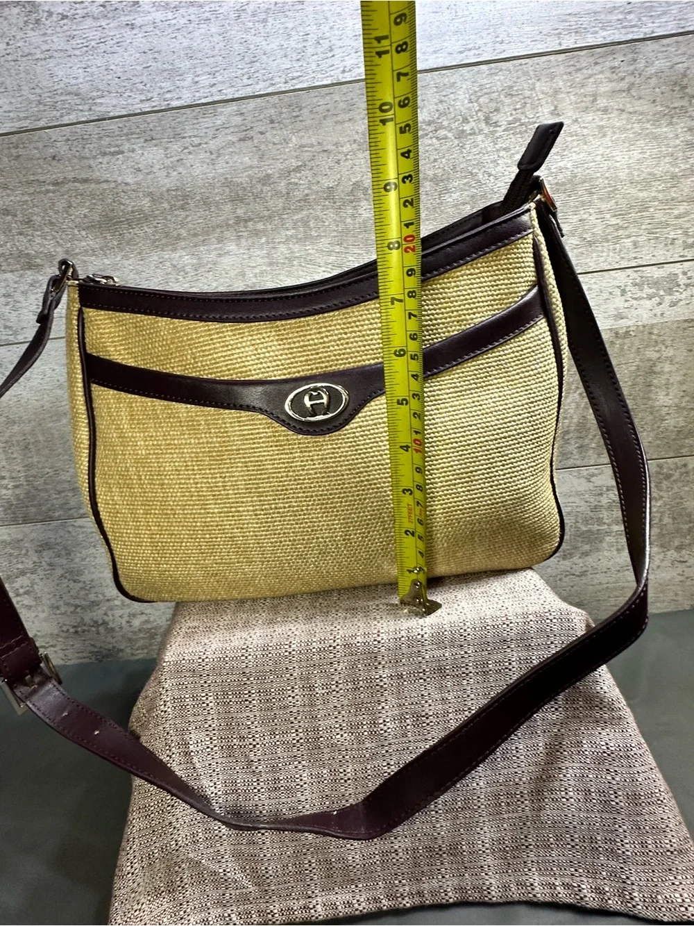 VTG Etienne Aigner Light Tan Woven Fabric & Brown Leather Shoulder Bag Purse